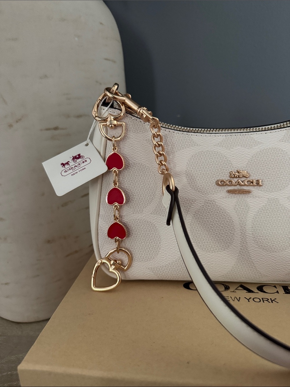 Coach Cream Signature Mini Shoulder Bag with Red Heart Charm - Picture 3 of 11